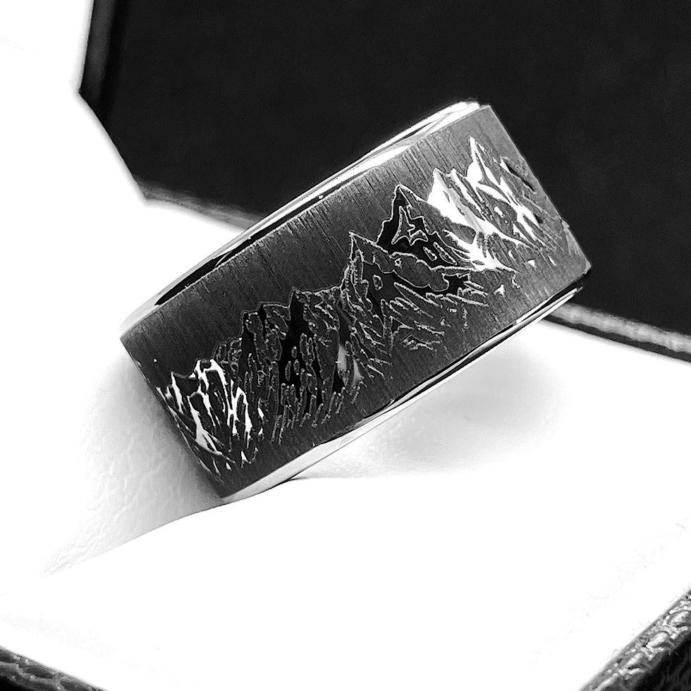 Thumbnail: Mountains Range Pattern Engraved Tungsten Ring Wedding Bands, Matching Rings Set