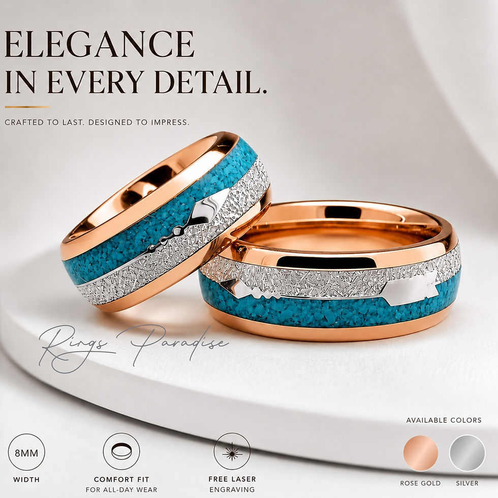 Thumbnail: Rose Gold Tungsten Rings Set | Turquoise Meteorite Inlay | Matching Bands | 8mm