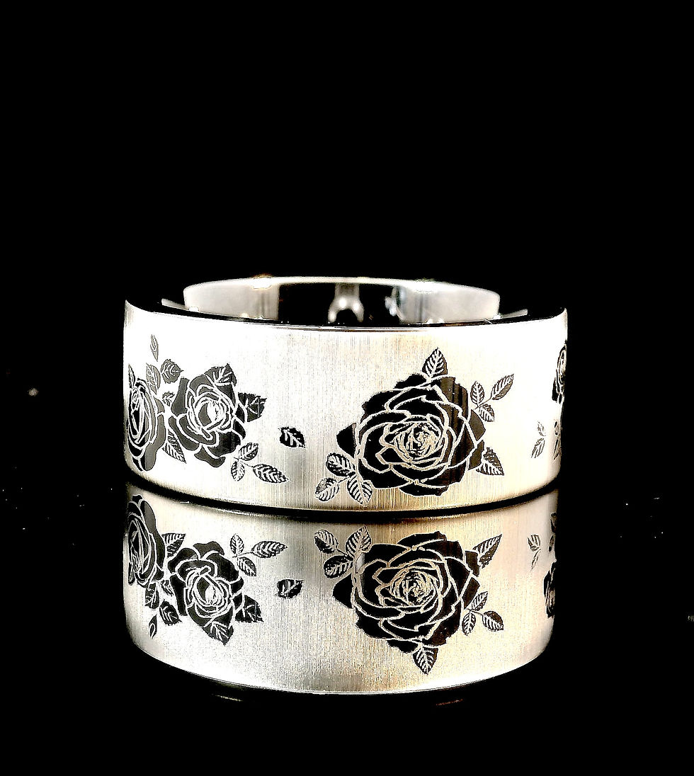 Thumbnail: Roses Pattern Engrave Black Tungsten Carbide Ring, Unique Mens Wedding Band, Women Wedding Ring, Gift for a Husband