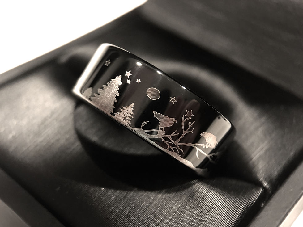 Thumbnail: Ravens Sitting on the Branches, Moon and Stars Pattern Engraved Black Tungsten Carbide Ring, Mens Ring, Wedding Band, Custom