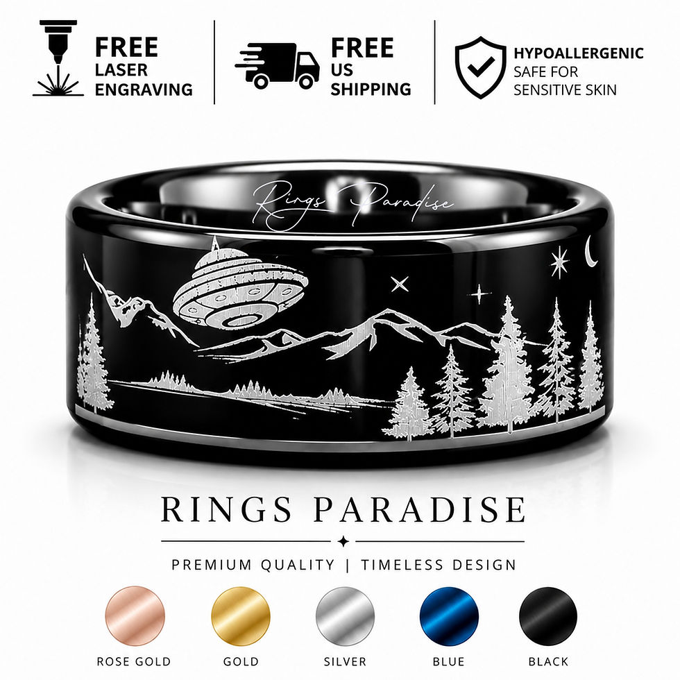 Thumbnail: UFO alien tungsten ring featuring a space-themed engraving with mountains, stars, and constellation details