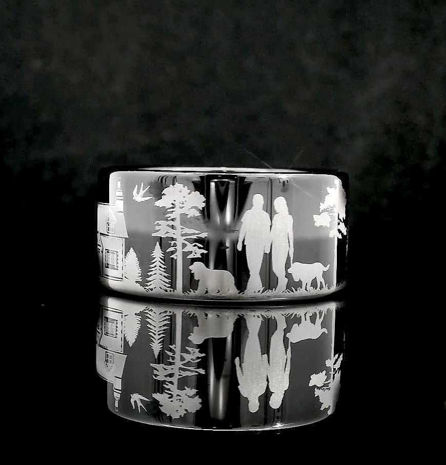 Thumbnail: Tungsten Ring with Engraved Forest Scene – Man and Woman Walking with Dogs – Animal Pattern Comfort Fit Band