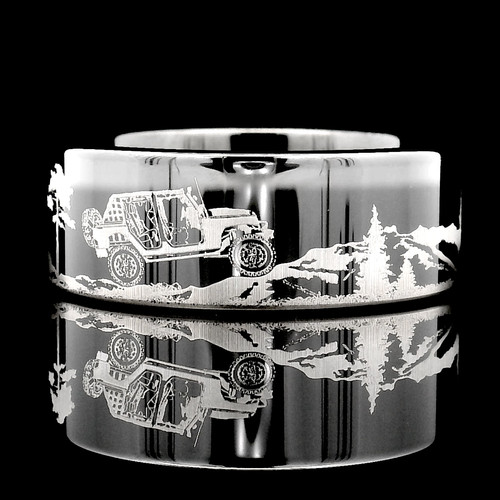 Car Pattern Engraved Black Tungsten Carbide Ring Men’s Ring Gift for  Husband