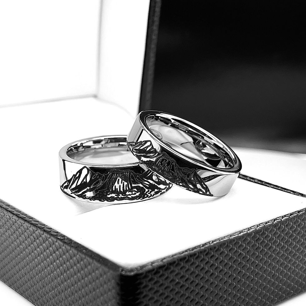 Thumbnail: Matching Rings Set, Waterfalls inMatching Rings Set, Waterfalls in Mountains Landscape Pattern Tungsten Ring, His & Her