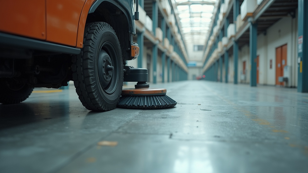 Close-up view of industrial floor sweeper cleaning a concrete surface