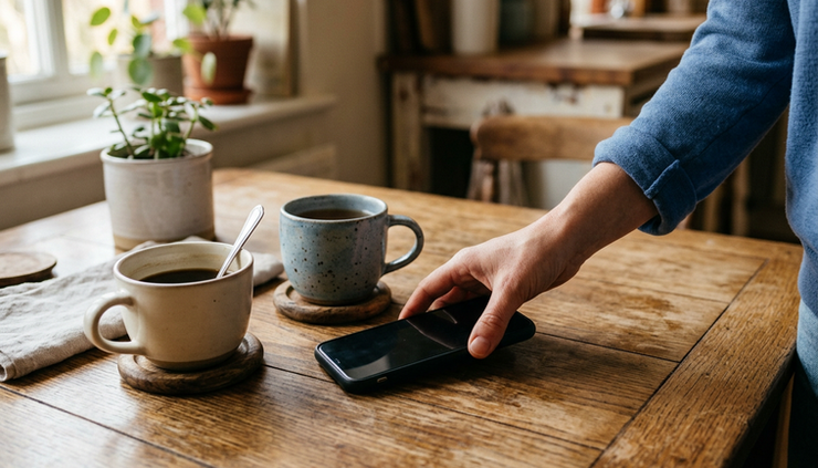 Close-up view of a hand turning a smartphone screen down beside two coffee cups