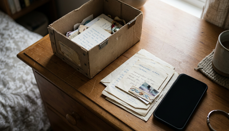 Overhead view of a small box holding old handwritten notes beside a closed smartphone