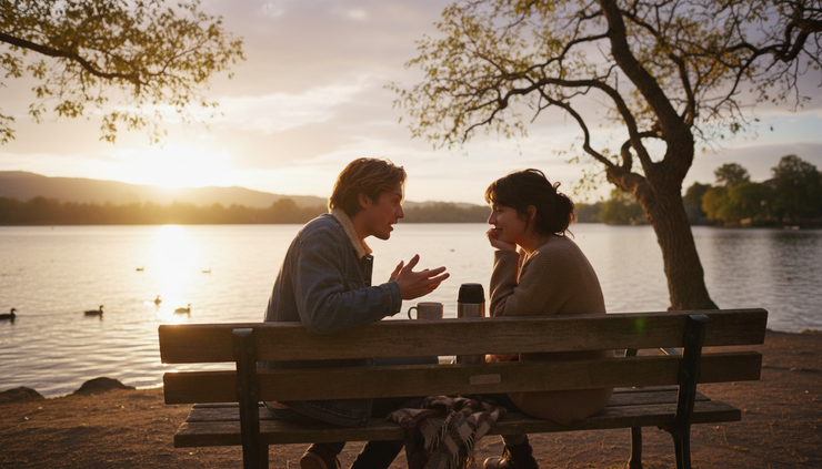Wide-angle view of two friends sitting on a park bench at sunset near a quiet lake