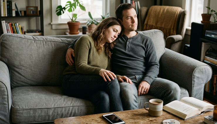 Eye-level view of a couple sitting quietly on a couch with a phone face down on the table