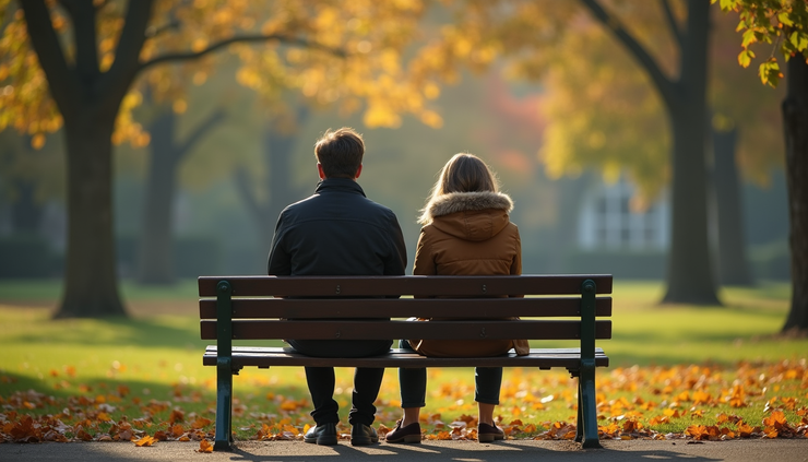 Eye-level view of a couple sitting apart on a park bench, looking away from each other