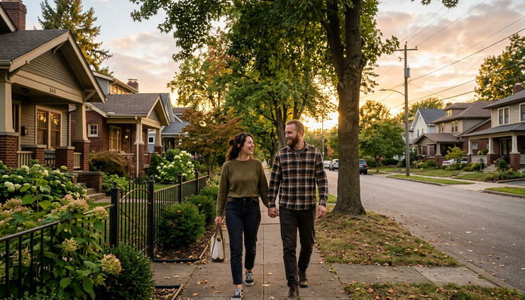 Wide-angle view of a couple walking together on a quiet neighborhood sidewalk at sunset