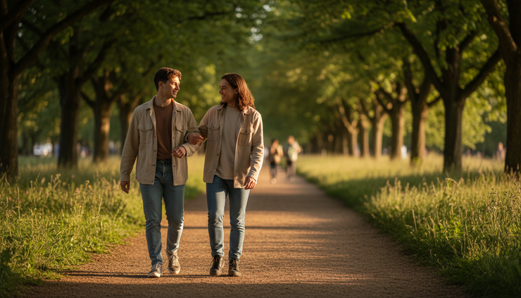 Eye-level view of two friends walking together on a quiet tree-lined path