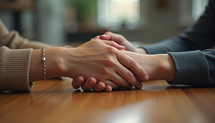 Close-up of two hands gently holding each other on a wooden table