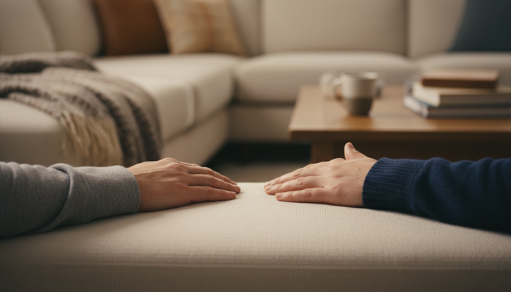 Close-up of two hands resting apart on a couch without touching