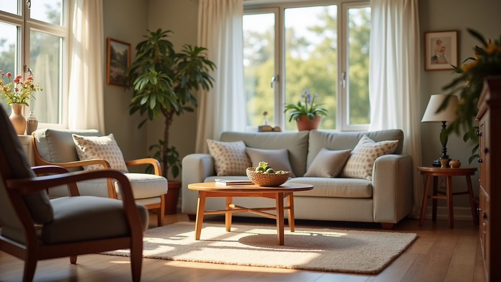 Eye-level view of a cozy assisted living room with comfortable furniture