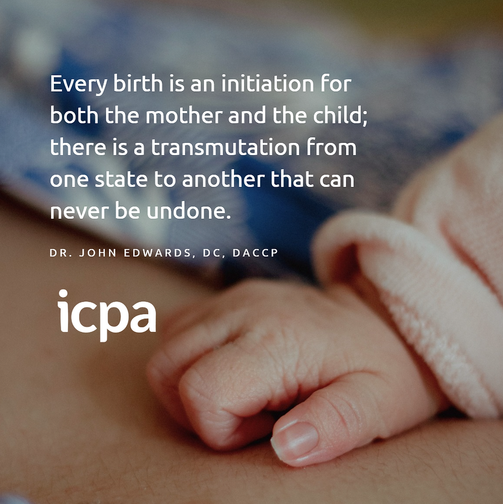 Close-up of a newborn baby’s hand resting on a parent’s chest with an inspirational quote about birth and transformation from the ICPA.