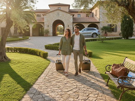 Luxury estate exterior with guests arriving