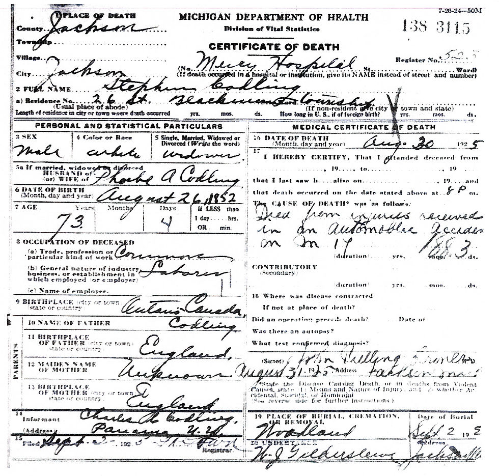 Stephen Codling's 1925 death certificate