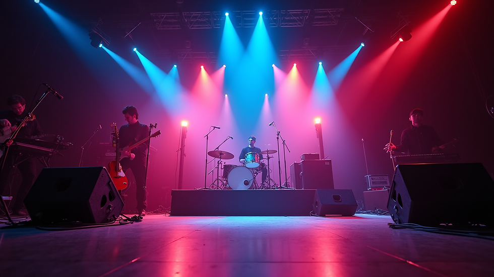 Eye-level view of a stage with colorful lighting and musical instruments ready for a live performance