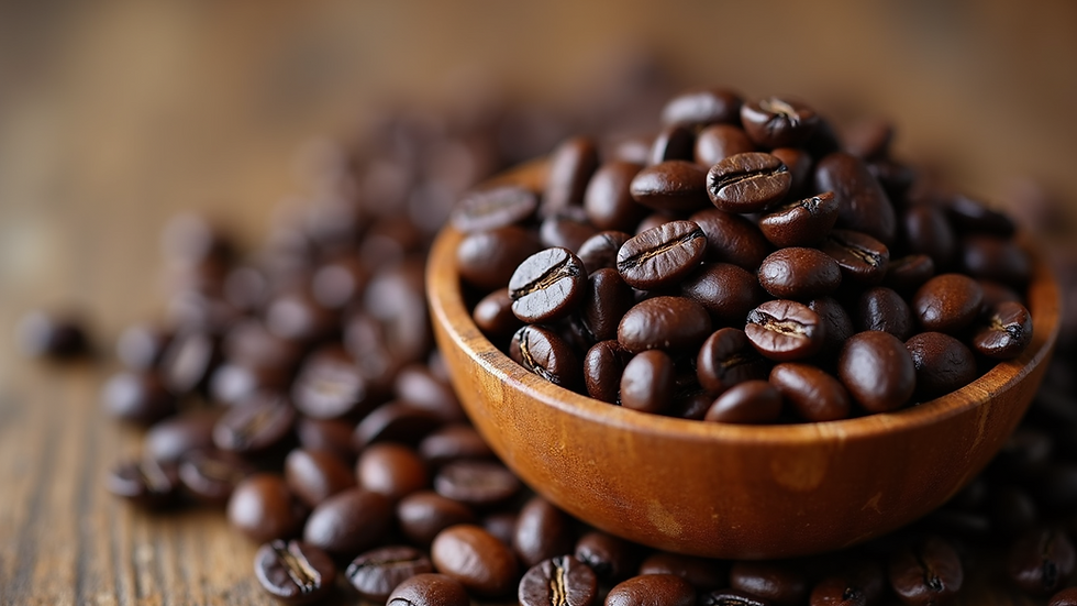 Close-up view of roasted coffee beans in a wooden bowl