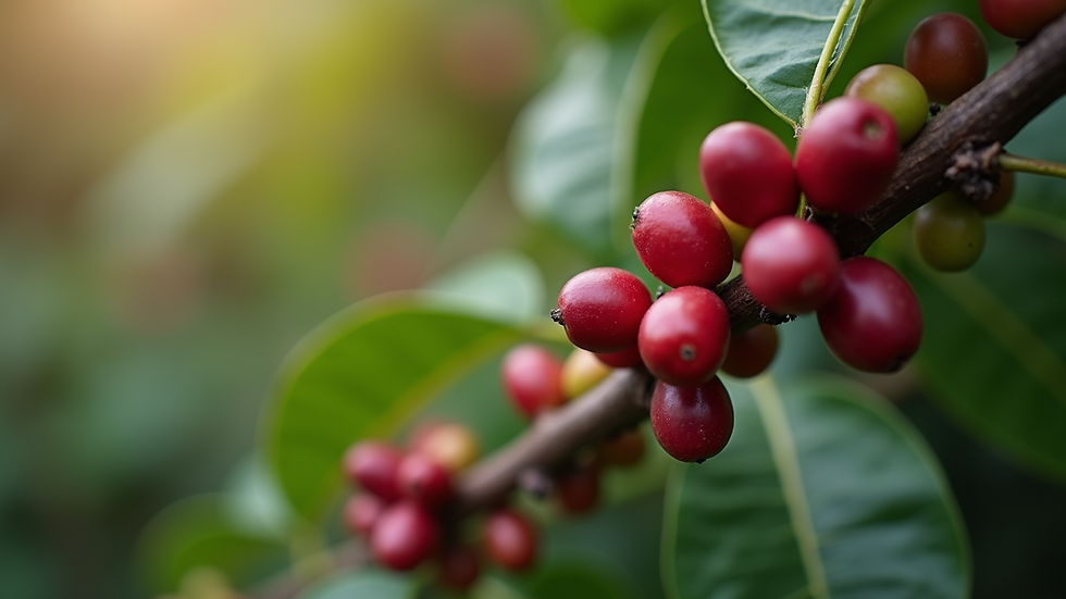 Close-up view of ripe coffee cherries on a branch