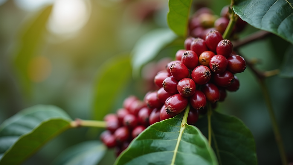 Close-up view of ripe coffee cherries on a Blue Mountain coffee plant