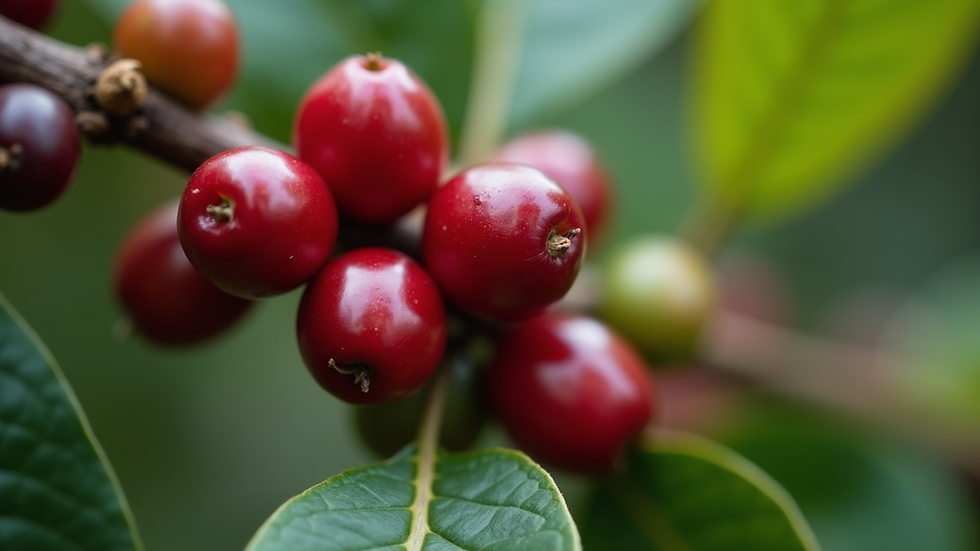Close-up view of ripe red coffee cherries on a branch