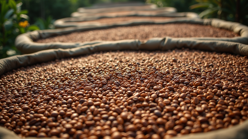 High angle view of coffee beans drying on raised beds in Jamaica