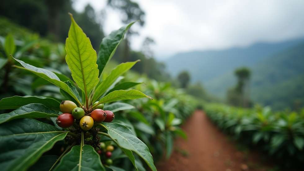 Eye-level view of coffee plants growing on a mountain slope