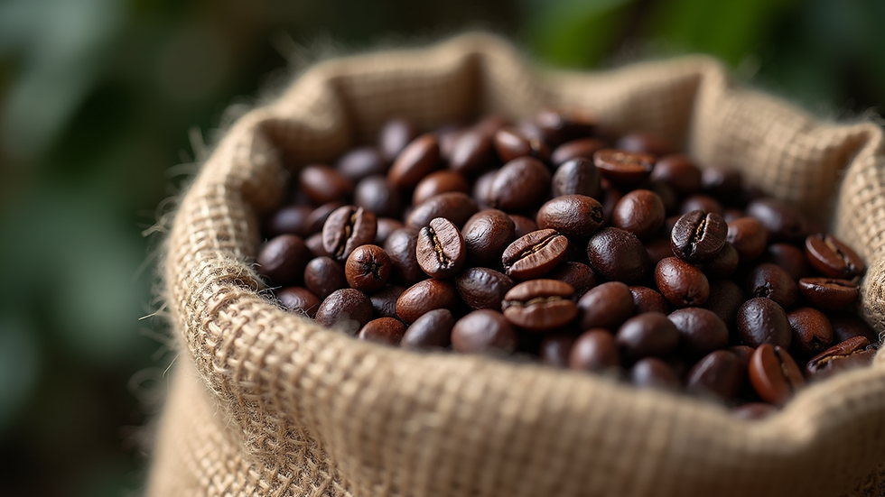 Close-up view of Jamaica Blue Mountain coffee beans in a burlap sack