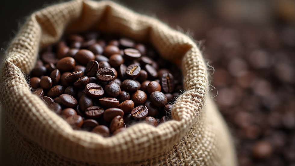 High angle view of Blue Mountain coffee beans in a burlap sack