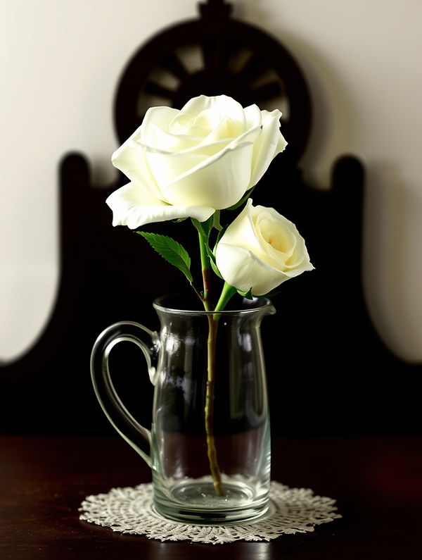 “White Rose Between Two Altars”__In a glass pitcher,_a single white rose leans—_its petals