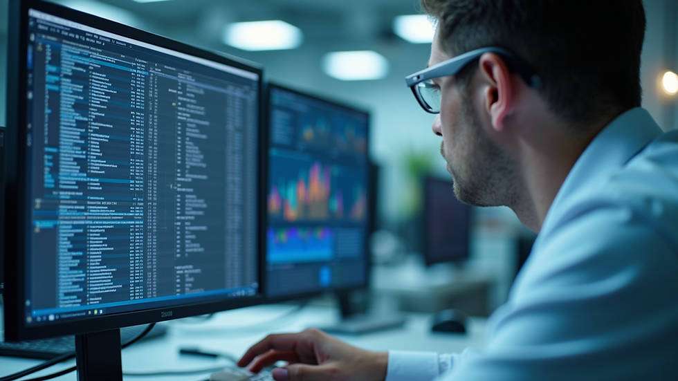 Eye-level view of a chemical engineer analyzing formulation data on a computer screen