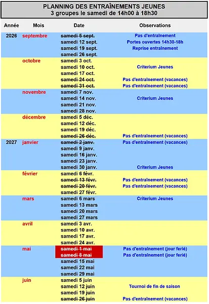 Planning des entraînements jeunes 2026-2027