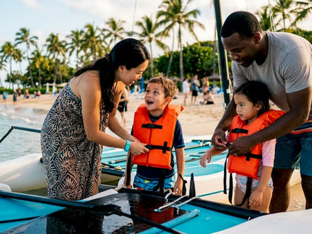 Family boarding kid-friendly boat with life jackets