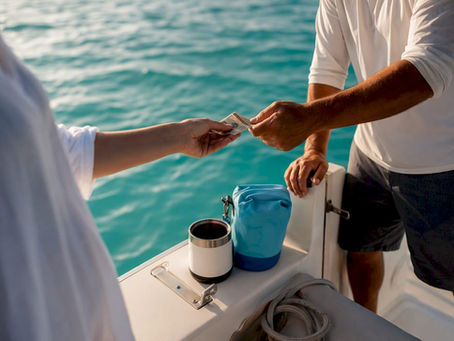 Tourist handing cash tip to boat captain