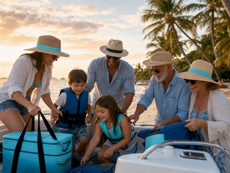 Family boarding private boat at marina dock