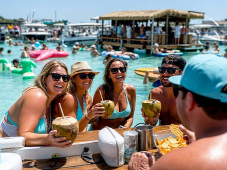 Crowd at Crab Island floating bar party on water