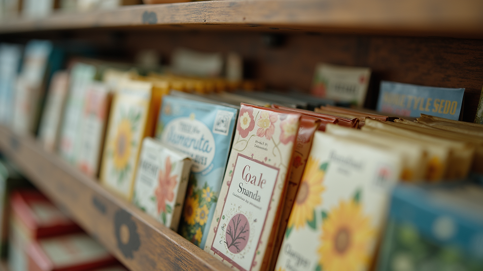 Close-up view of a variety of seed packets on display