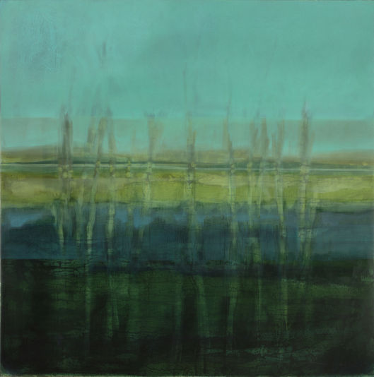 Acid-washed tin landscape painting by Kirby Fredendall inspired by water