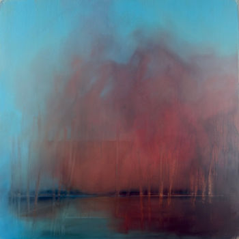 Layered blue and red ochre evening landscape with far horizon and trees