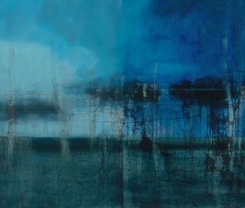 A Conversation oil on acid-washed tin by Kirby Fredendall — luminous blue and yellow landscape with a distant horizon, reflective water, soft atmospheric sky, and dark trees along the horizon