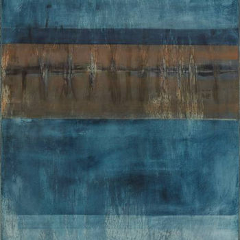 The Last Light of Day oil on acid-washed tin by Kirby Fredendall — luminous blue, white, and sienna landscape with a distant horizon, reflective water, soft atmospheric sky, bands of water and trees along the horizon