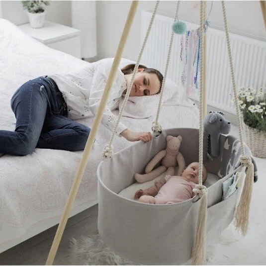 Thumbnail: Eddie & Lilly Hanging baby cradle basket with mattress - Grey