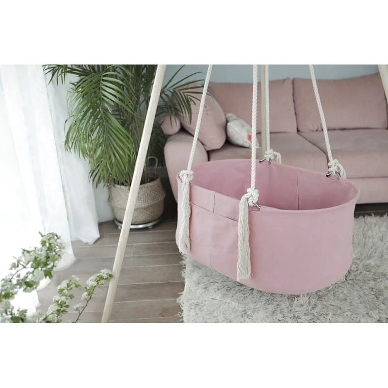 Thumbnail: Eddie & Lilly Hanging baby cradle basket with mattress - Dusty Pink