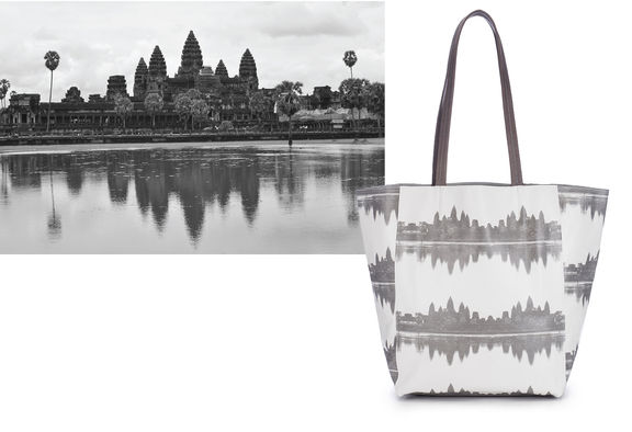 Black and white photo of Angkor Wat, with an August Handbags printed leather tote