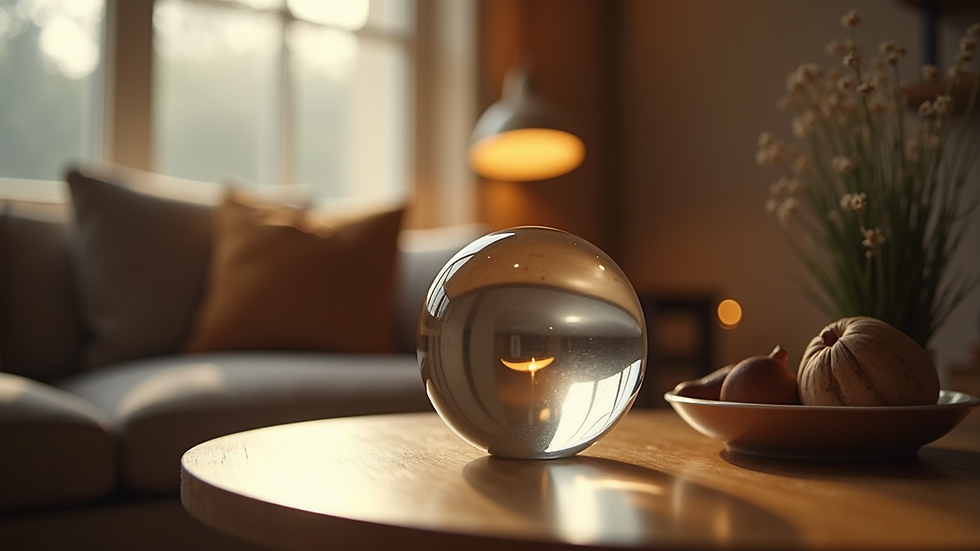 Eye-level view of a cozy room with soft lighting and a crystal ball on a wooden table