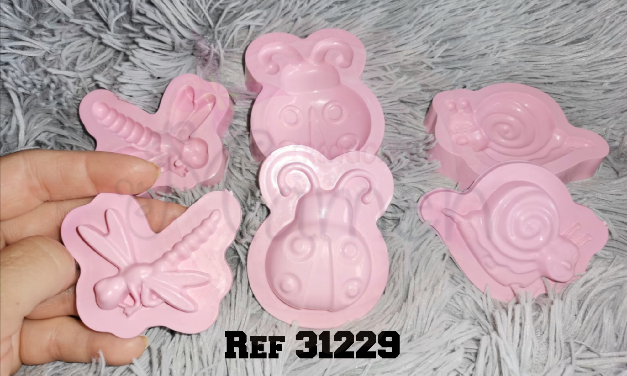 MOLDE DE PLASTICO PARA TERMOFORMAR LIBÉLULAS , MARIQUITA Y CARACOL