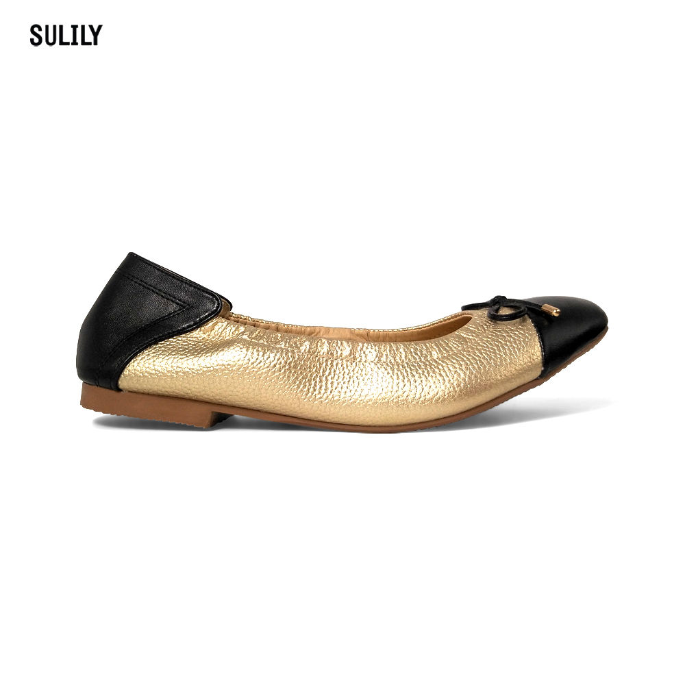 Giày Búp Bê Da Thật Mũi Vuông Mix Màu AD màu vàng phối