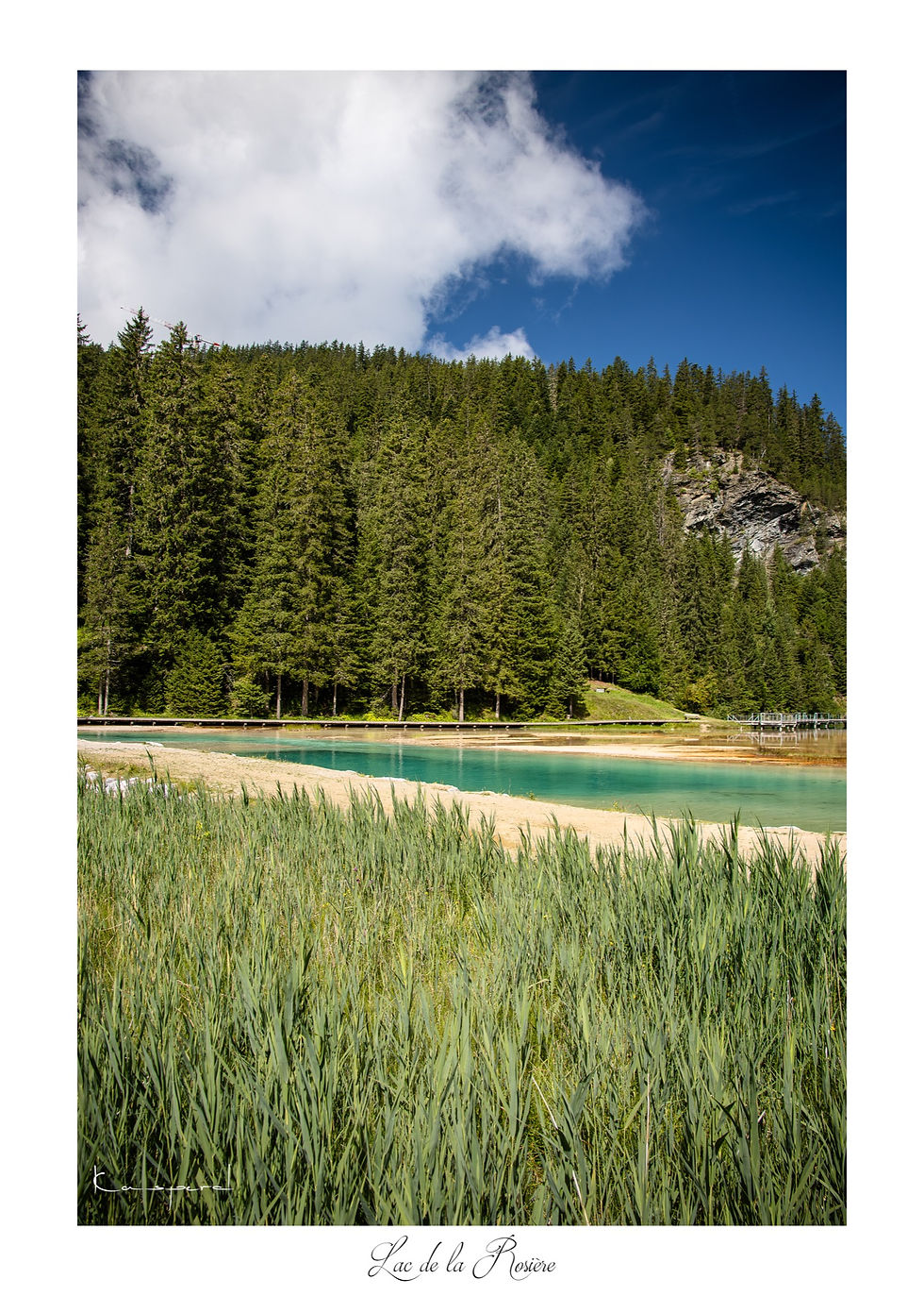 Lac de la Rosière à Courchevel en été, avec ses eaux turquoise au pied de la Dent du Villard et entouré de forêt alpine.